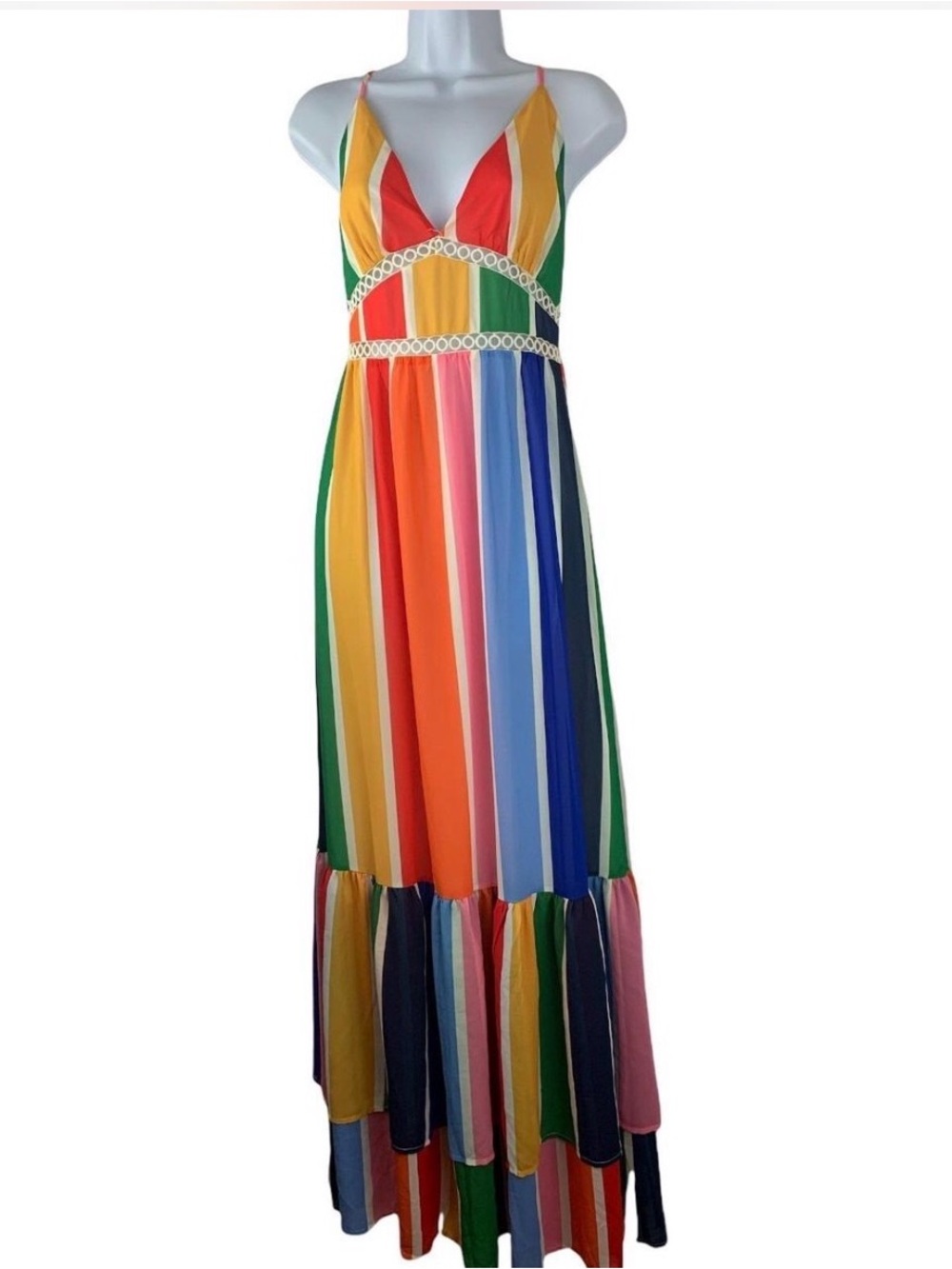 Rainbow Stripe Maxi Dress with Crochet Waist